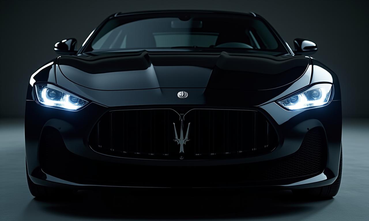 完璧にディテイリングされた黒い高級車のフロント部分のクローズアップ