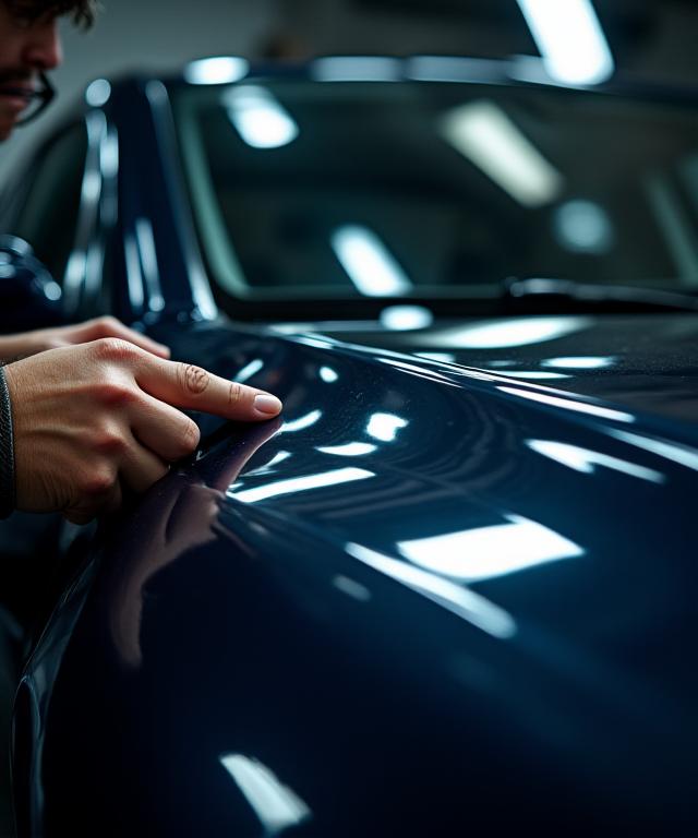 専門の照明の下で車の塗装を meticulous に検査するディテイラー